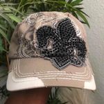 Y2K Gothic Beige Black Cyber Punk studded rhinestone large fleur de lis distressed messenger cap hat #fairy #grunge #punk #skater #whimsygoth bedazzled Adjustable Tan Photo 0