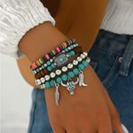 Western Lovely Vibrant‎ Turquoise Stone Beaded Stretch Bracelet Elegant Silver Brown Photo 0