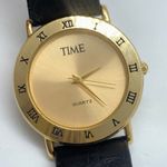 Time women watch gold tone 33mm black leather band running Photo 1