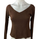 Urban Outfitters  BDG Brown Ribbed Knit V Neck Long Sleeve Crop Sweater Top Sz L Photo 0