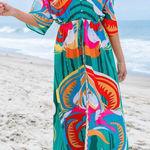 Cupshe  Tropical Abstract Print Tie Waist Maxi Dress Resort Short Sleeve Sz S NWT Photo 0