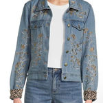 John Mark  Blue Embroidered Jean Jacket with Leopard Cuffs Photo 0