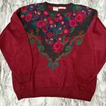 Jantzen Dark Red Crew Neck Sweater with Vintage Floral Design Vintage 90s Bold Photo 1