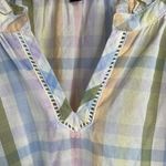 Talbots  Size M Ruffle Tunic Top Rainbow Plaid Lightweight Ladder Trim Split Neck Photo 6