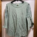Umgee  Medium sage green split ruffled bell sleeve with lace arm detail top Photo 0
