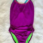 90’s Colorblock Racerback Neon One Piece Swimsuit Purple Photo 0