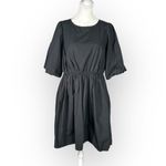 Madewell Poplin Mini Dress Women's 6 Black Crewneck Bubble-Sleeve Elastic Waist Photo 2