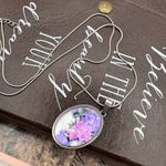 Handmade Purple Floral Art Oval Pendant Necklace | 18” Stainless Steel Chain Photo 1