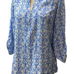 kim rogers PRETTY  3/4 Sleeve Roll Tab Sleeve Blouse Size Small Blue White Photo 0