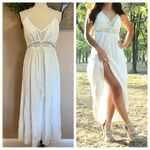 NWOT Lulus Santorini Scene White Metallic Gold Swiss Dot Lace Maxi Dress Photo 1