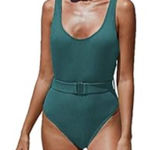 Teal Ribbed Belted Swimsuit Size XL Green Photo 0
