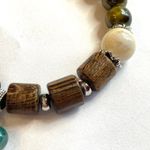 Olive Green Bracelet Silver Feather Charm Brown Turquoise Boho Ceramic Stretchy Photo 2