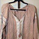 Solitaire  NWT Embroidered Long Sleeve Blouse Boho Tassel Tan Cream Size Large‎ Photo 1