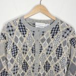 Vintage grey hand knit cotton ramie argyle patchwork grandpa sweater cardigan S Photo 3