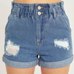 Love Tree High Waisted Denim Shorts Elastic Waist Cuffed Hem Distressed Blue High Rise Photo 6