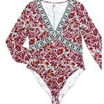 Free People  Intimately Floral Deep V Bodysuit Red Pink Boho Print Size Large EUC Photo 2