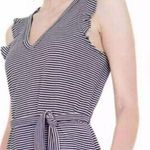 Paige  Size XS Midi Striped Ruffle Rayon Belted Side Slit Blue Navy Photo 1