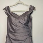 La Femme  Gray Satin Ruched Off the Shoulder Trumpet Gown Photo 6