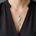 Women's Antique Look Silver Tone Pendant Necklace with Charms, Cow Skull NEW‎ Photo 0