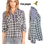 Free People  Plaid Button Up Shirt Long Sleeve Mixed Print Top Size L Photo 1