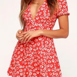 Lulus Garden Explorer Red Floral Print Mini Dress Size Small Red/White Floral Photo 0