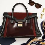 Pourchet Paris Black Patent Burgundy Suede Satchel Tote Vintage 13x10.5 Bag GUC Photo 2