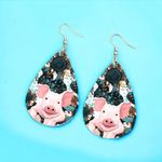 Faux leather piggy sunflower print dangle light‎ weight earrings Pink Photo 1