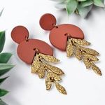 Hand Crafted Terra Cotta & Gold Clay Geometric Vine Dangle Earrings Pink Photo 0