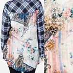 Tolani Collection Plaid Floral Paisley Tab Sleeve Button Down Tunic: Blue Photo 5