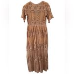 Magnolia Boutique Fairytale Romance Romper Lace‎ Maxi Dress Sleeves VNeck Small Tan Photo 3