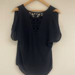 Black Sheer Cutout Back Short Sleeve Open Shoulder Top Size S Photo 3