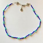 Handmade Kawaii boho fairy funky hippie style blue/light blue/orange flower seed beads necklace choker💐💙🌞⭐️ Photo 2