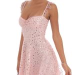Lucy in the Sky  Pink Sparkly Mini Dress Sequin Ruffle Strap Tie Back Homecoming Dress Photo 2