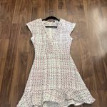 ZARA  white pink tweed v neck ruffled short sleeve mini dress S Photo 7