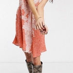 Free People  Morning Sun Floral Lace Trim V Neck Mini Slip Dress Coral White Sz S Photo 0