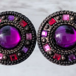 Vintage Clip On Earrings Fuchsia/Magenta Tones Large Statement 1 & 3/8" Purple Photo 0