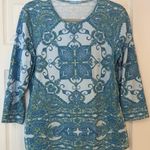 J. McLaughlin Catalina Cloth Top Sz L Blue 3/4 Sleeve Stretchy Mandala Casual EUC Photo 0