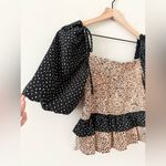 Anthropologie La Ven Smocked Bodice Blouse in Tan & Black Speckle Print - Size M Photo 4