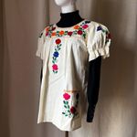 Vintage 60s 70s Cream Mexican Peasant Blouse Floral Embroidered Top S/M Photo 2