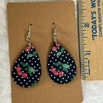 Handmade Cherries, Polka Dots, Black Teardrop Dangle Pierced Earrings Photo 2