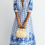 Anthropologie Block print Maxi dress vneck puff sleeve bump friendly tie front farmers market Photo 1
