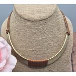 None Brushed Gold Tone & Brown Faux Leather Structured Collar Choker Necklace 18" Photo 1