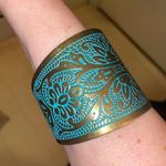 Beautiful Wide Floral Devika Brass Cuff Blue Photo 1