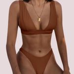 NWT Rust Deep V Neck Thong Halter Cheeky Bikini Photo 0