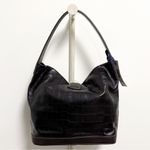 Dooney & Bourke Dooney Bourke Black Brown Leather Croc Embossed Lobster Clasp Hobo Makeup Bag Photo 5