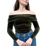 Majorelle  by Revolve Green Velvet Off Shoulder Long Sleeve Ruched Bodysuit XS Photo 0