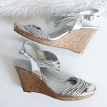 BCBGMAXAZRIA BCBG Paris Metallic Silver Faux Leather Woven Rope Strappy Cork Open Toe Wedges Photo 1