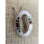 Vintage Art Deco Guilloche Enamel Hair Pin Barrette Pale Silver With Roses Oval Photo 1