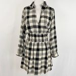 ZARA Plaid Collared Smocked Waist Long Sleeve Mini Dress Black Cream Size Small Photo 5