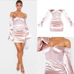 Pretty Little Thing  Dusty Pink Bardot Satin Mesh Insert Ruched Bodycon Mini Dress Photo 2